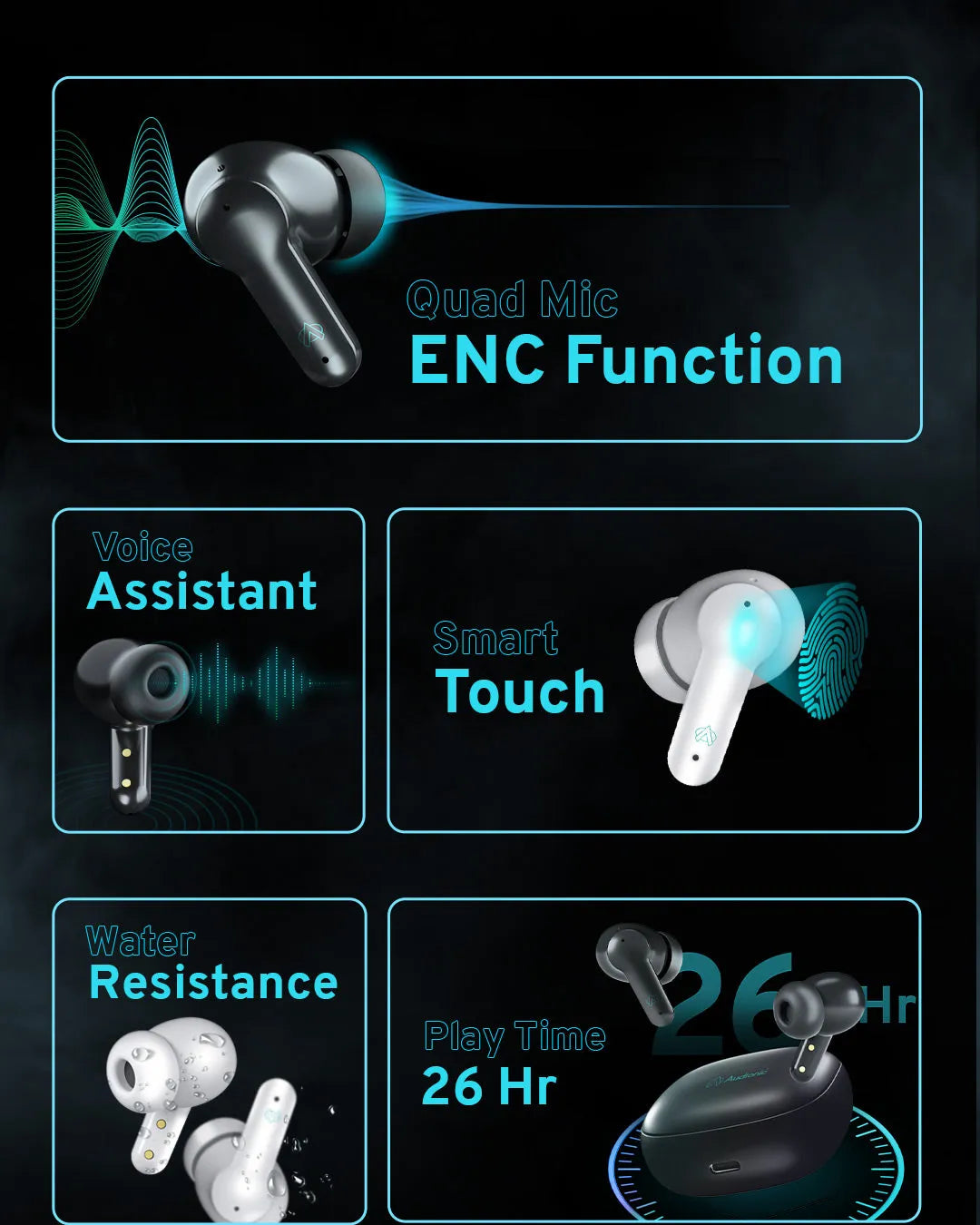 Audionic Airbud 550 Quad MIC ENC Earbuds, Gaming Mode, IPx4 Water Proof TWS Wireless Earbuds With 26 Hour Playtime Bluetooth Ear buds And Headphones