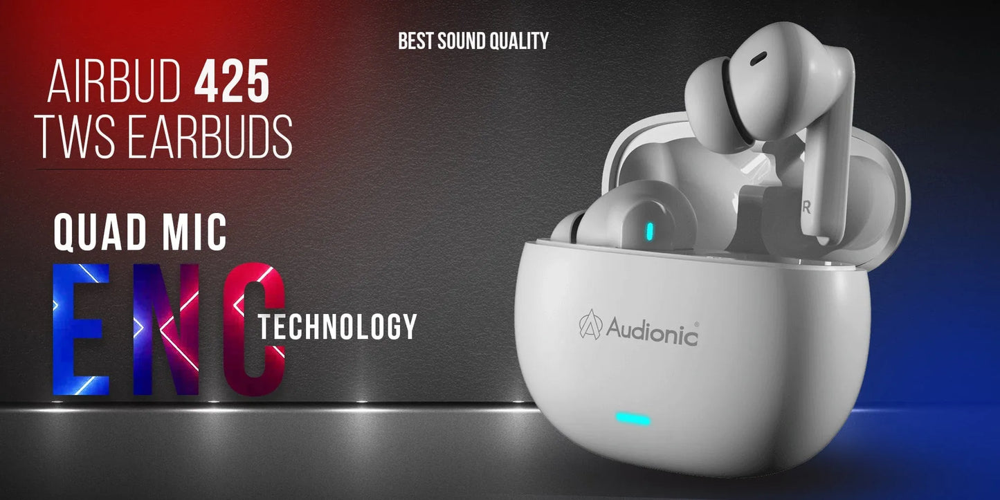 Audionic Airbud 425 Quad Mic, ENC Wireless Earbuds, Gaming mode Low Latency TWS Earbud With 40 Hours Playtime, IPx4 Water Proof Wireless Earphones With Voice Asistance Bluetooth Ear buds And Headphones